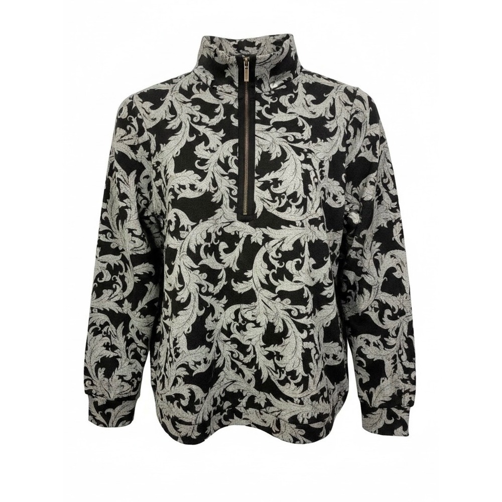 Soft Surroundings Sweater Sweatshirt Women M Black‎ Gray Baroque Scroll 1/4 Zip